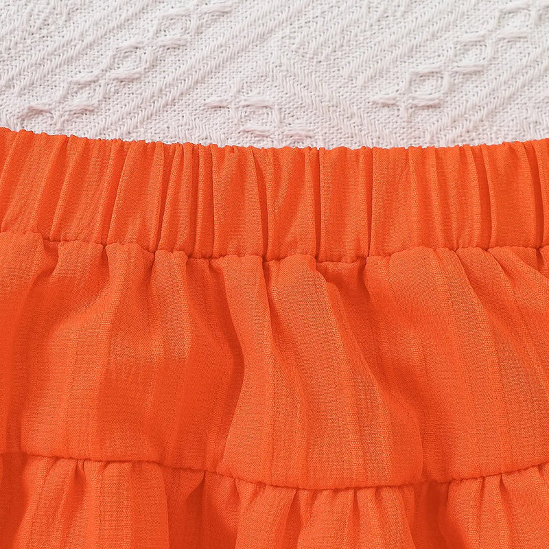 Girls Orange Geometric Printed Top With Tiered Skirt Sets Sets