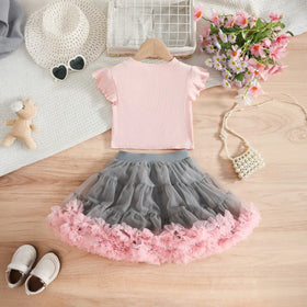 Girls Pink Pearl-Embellished Top With Tiered Tulle Tutu Skirt Sets Sets