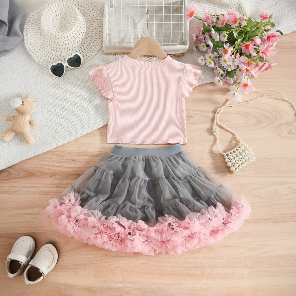 Girls Pink Pearl-Embellished Top With Tiered Tulle Tutu Skirt Sets Sets