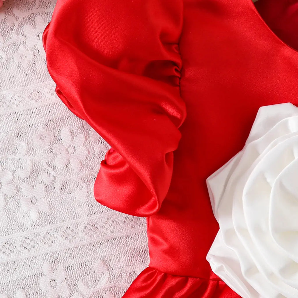 Girls Red 3D Flower Applique Fit & Flare Party Wear Dress Party Dresses