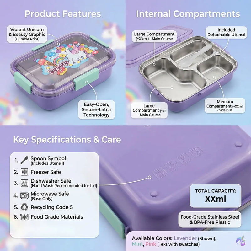 Kids Purple 3-Compartment Stainless Steel Lunch Box Trending Accessories