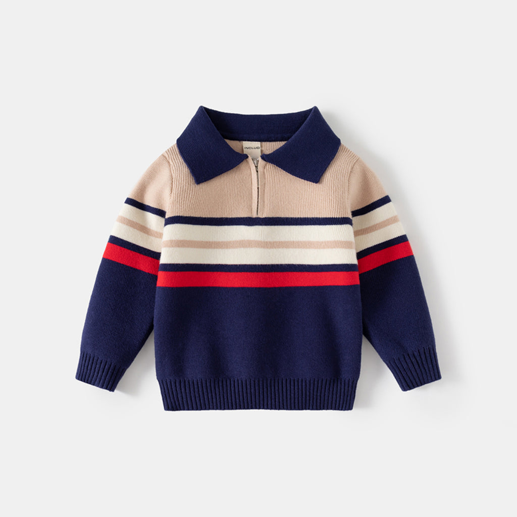 Boys Multicolor Half Zipper Polo Sweater With Self-Design Stripe Patterns Sweaters & Cardigans