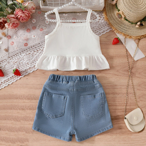 Girls Pink Strawberry Embroidered Peplum Top With Denim Shorts Sets Sets