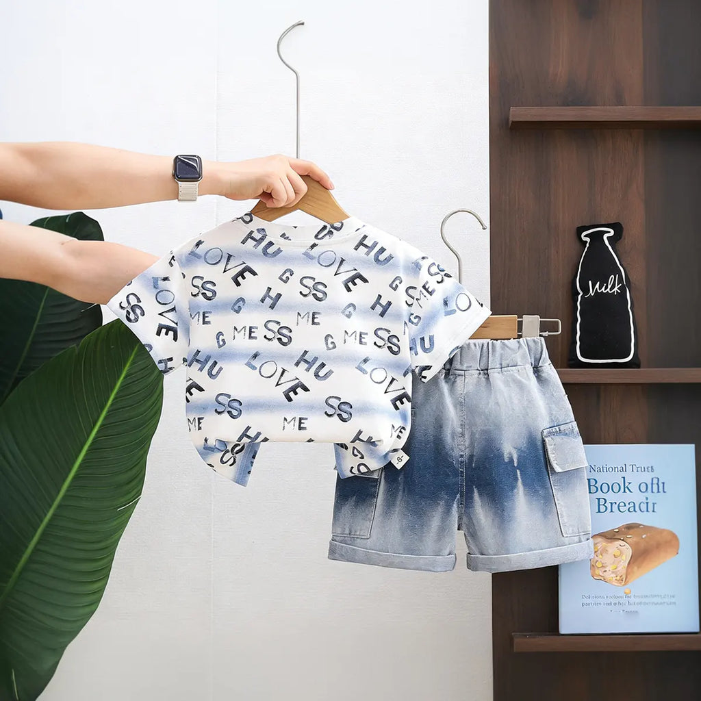 Boys Blue Typographic Print T-Shirt With Denim Shorts Set Sets