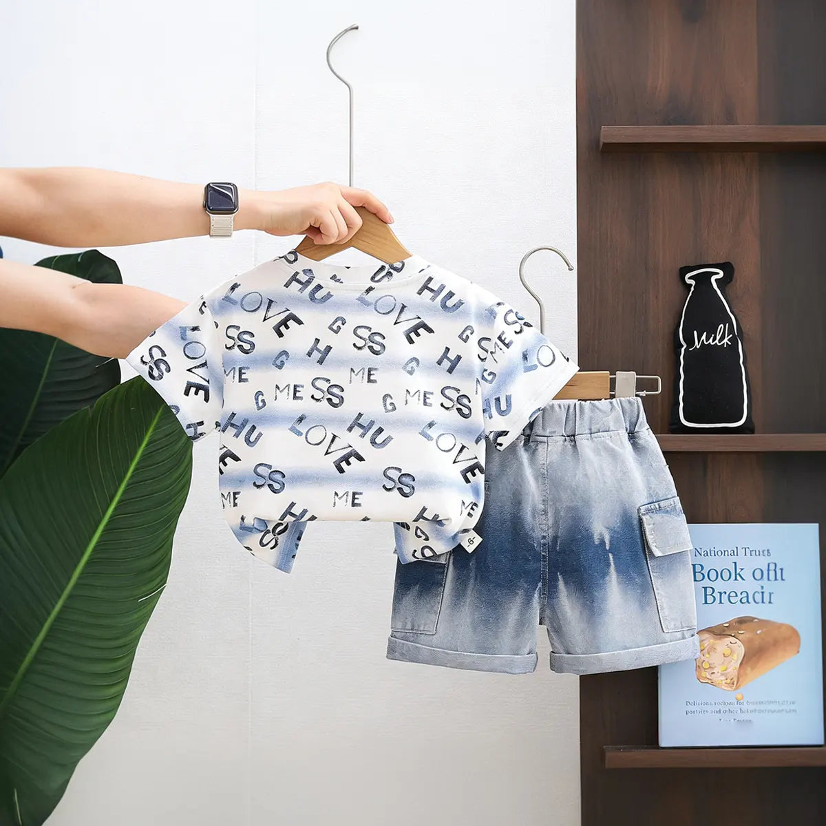 Boys Blue Typographic Print T-Shirt With Denim Shorts Set Sets