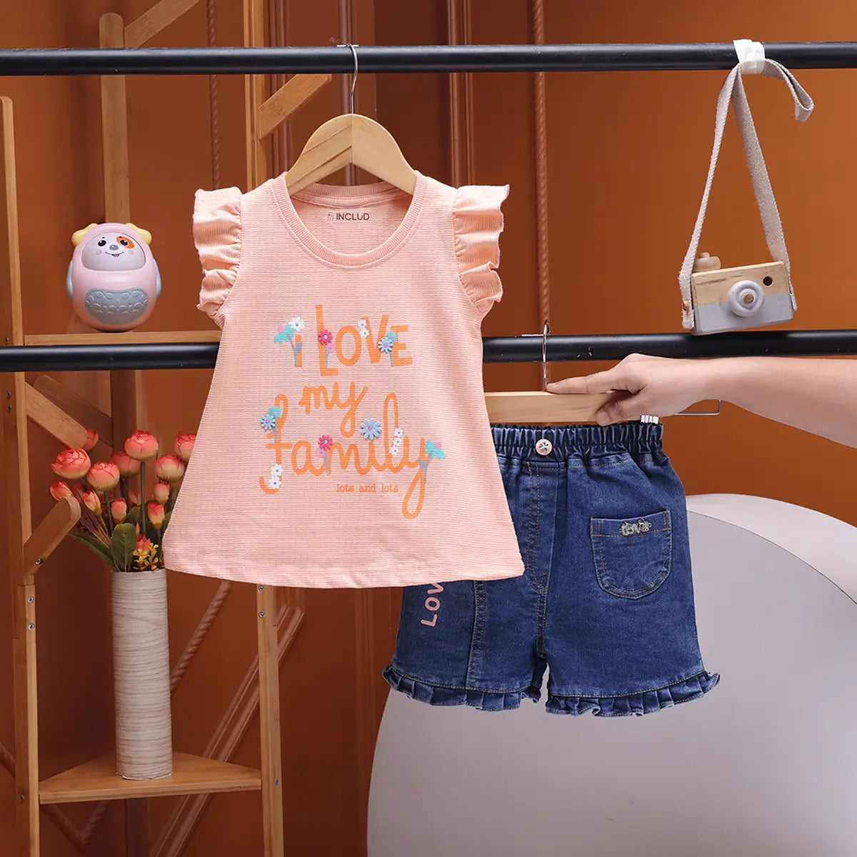 Girls Orange Typographic Printed Top With Denim Shorts Sets 2 pc. Sets Orange 9-12 M