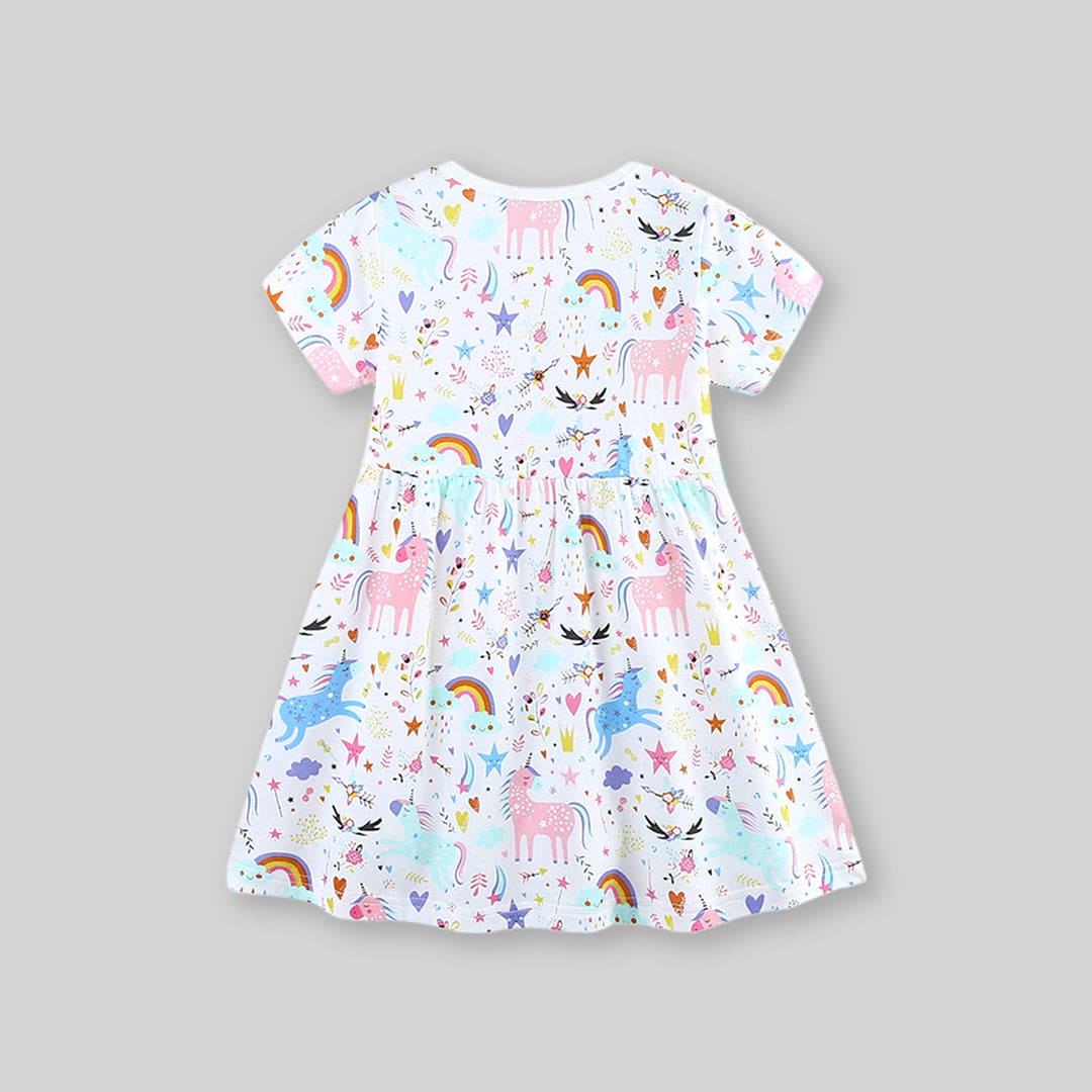 Girls Unicorn Printed Short Sleeve Dress Casual Dresses   