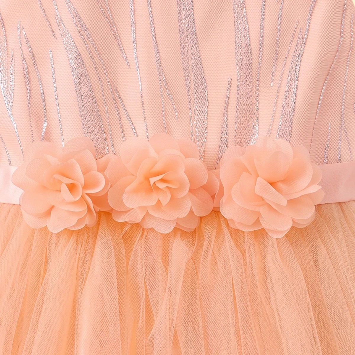 Girls peach sleeveless party gown with floral waist and tulle