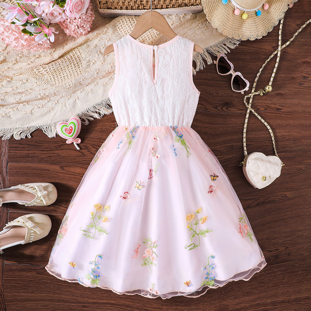 Girls Light Pink Flower Appliqued Sleeveless Dress Casual Dresses