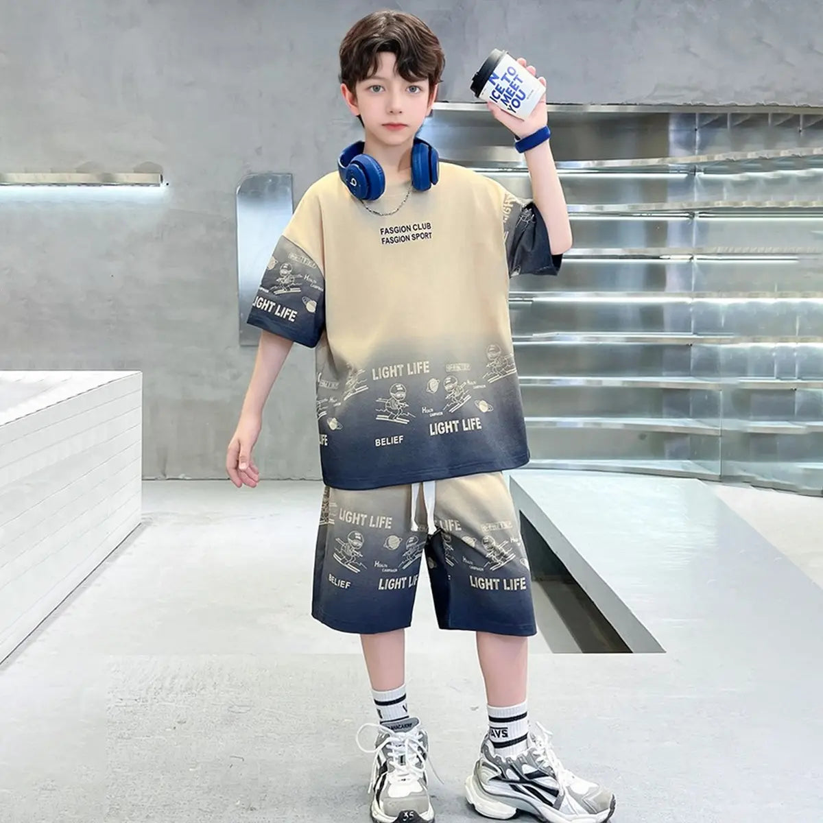 Boys Khaki Ombre Print Short Sleeves T-Shirt With Shorts Co-ord Sets Sets