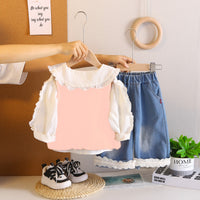 Girls Pink Embroidered Sleeveless Pullover With Top & Denim Pants Set Sets