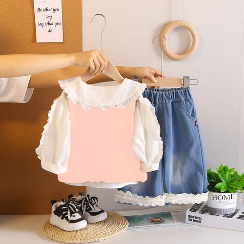 Girls Pink Embroidered Sleeveless Pullover With Top & Denim Pants Set Sets