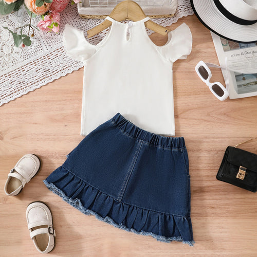 Girls White Floral Print Cold Shoulder Sleeves Top With Denim Skirts Set Sets