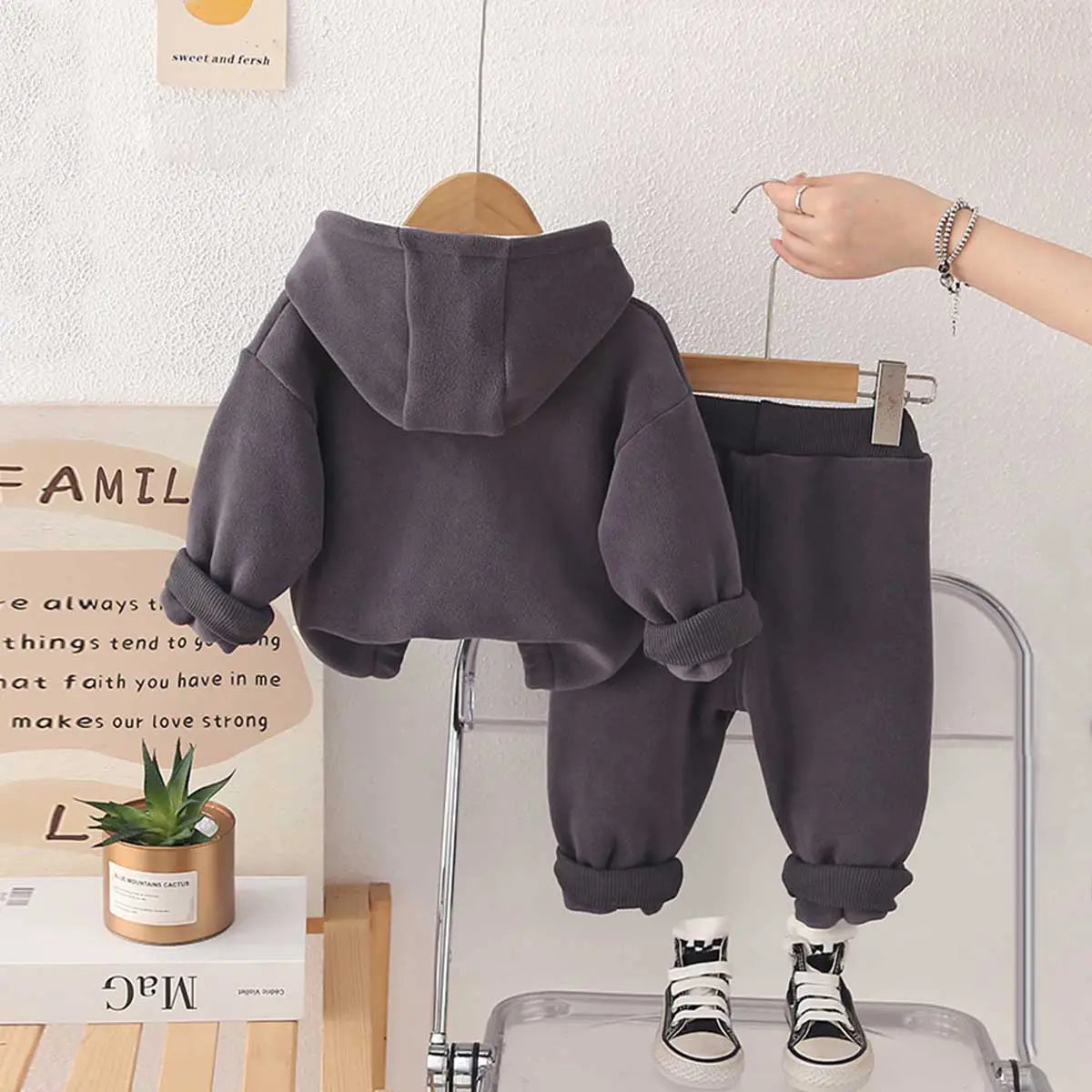 Boys Grey Letters Embroidered Fleece Hooded Zipper Jacket With Jogger Co-ord Sets Sets