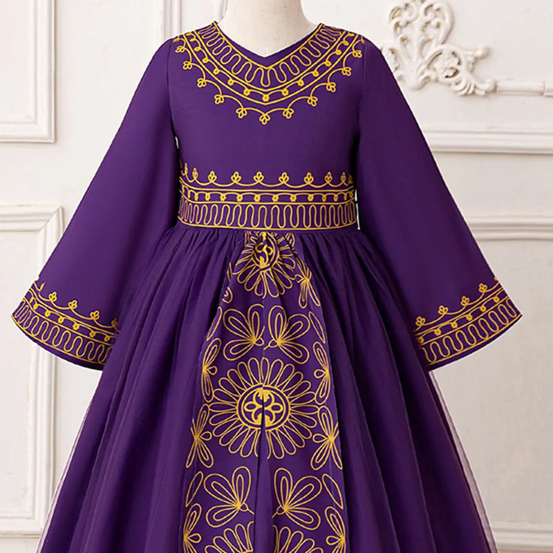 Girls Purple Printed Fit & Flare Dress With Long Sleeves Casual Dresses