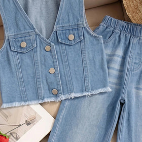 Girls Light Blue Sleeveless Vest With Denim Jeans Sets 2 pc. Sets