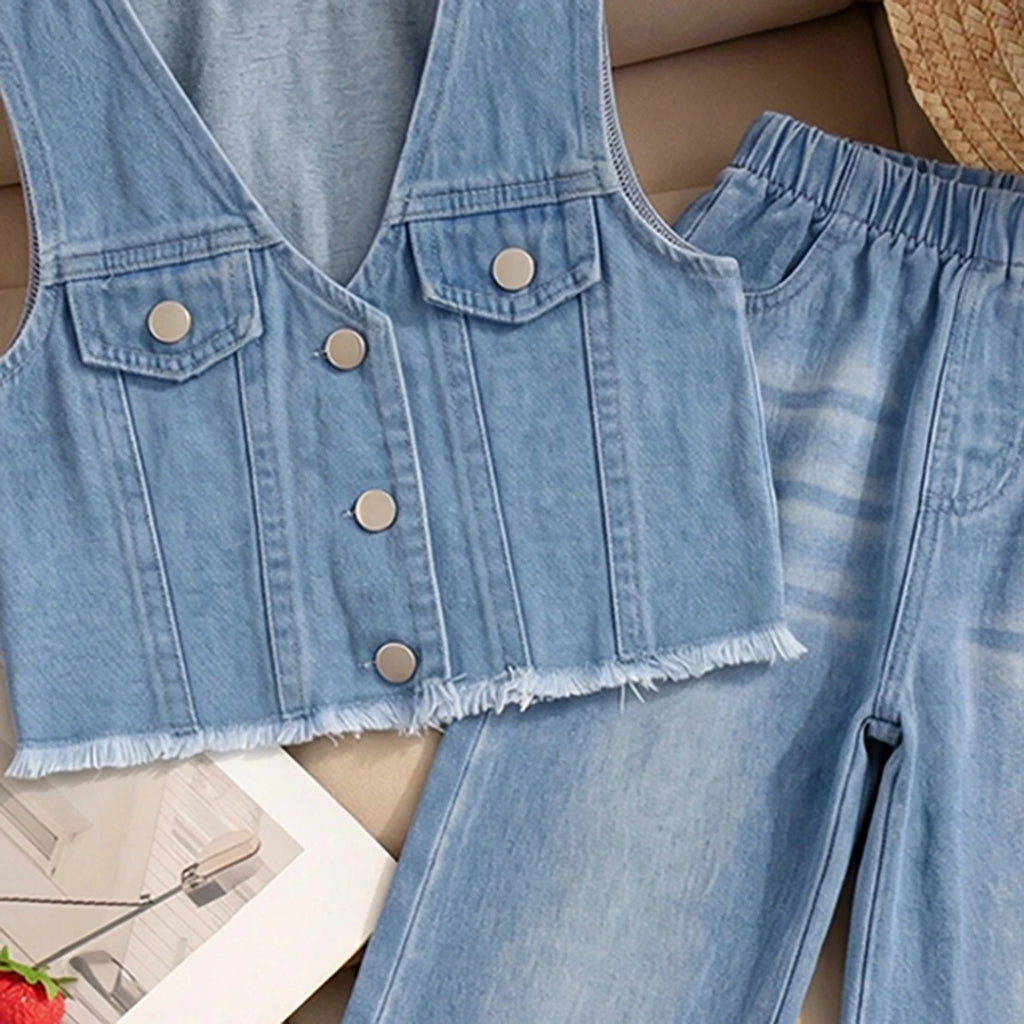 Girls Light Blue Sleeveless Vest With Denim Jeans Sets 2 pc. Sets