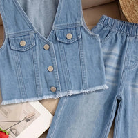 Girls Light Blue Sleeveless Vest With Denim Jeans Sets 2 pc. Sets