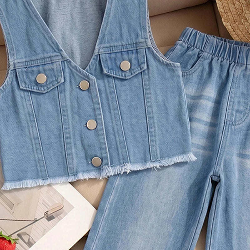 Girls Light Blue Sleeveless Vest With Denim Jeans Sets 2 pc. Sets