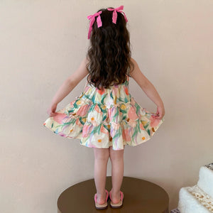 Girls Multicolour Floral Print Sleeveless A-line Dress Casual Dresses
