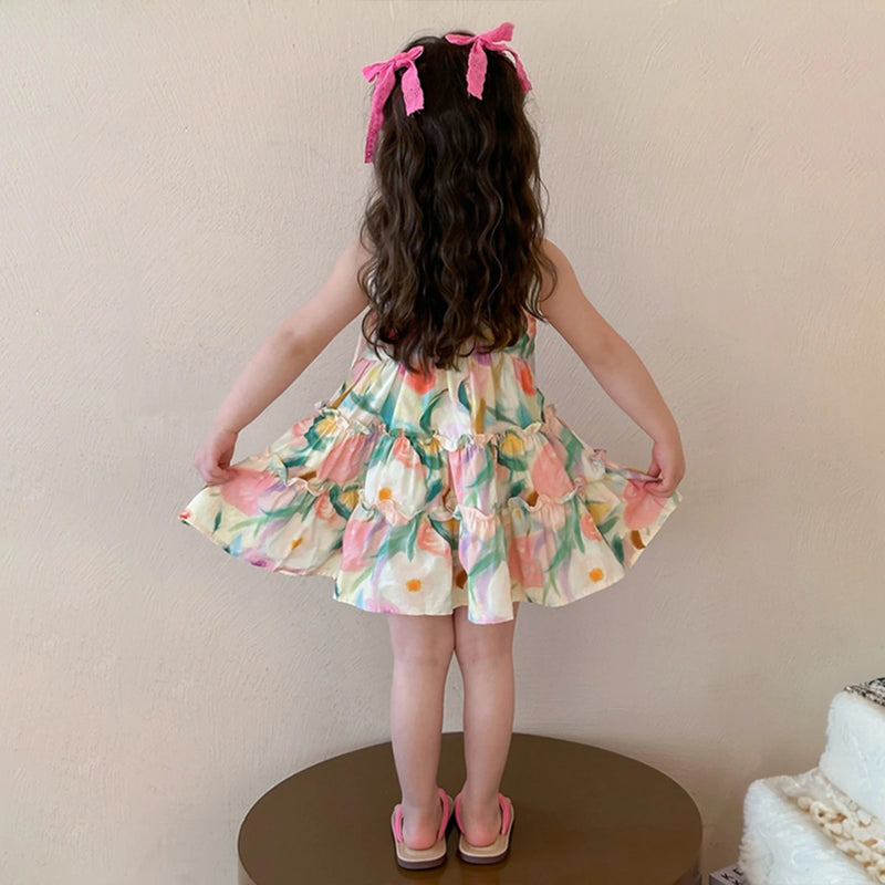 Girls Multicolour Floral Print Sleeveless A-line Dress Casual Dresses