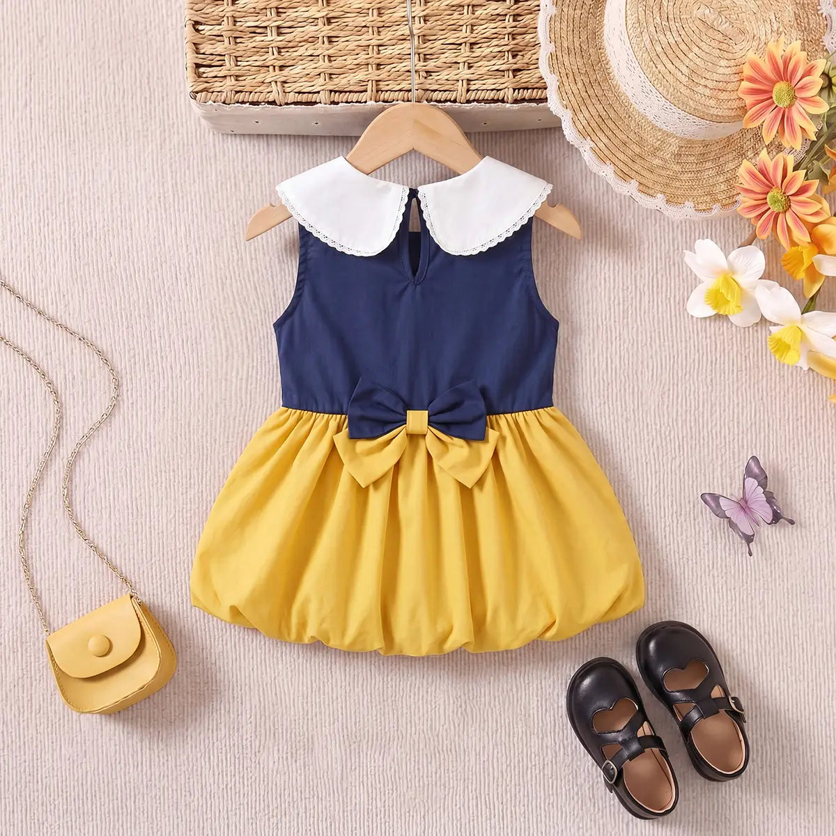 Girls Navy Blue Bow Detail Peter Pan Collar Fit & Flare Dress Casual Dresses