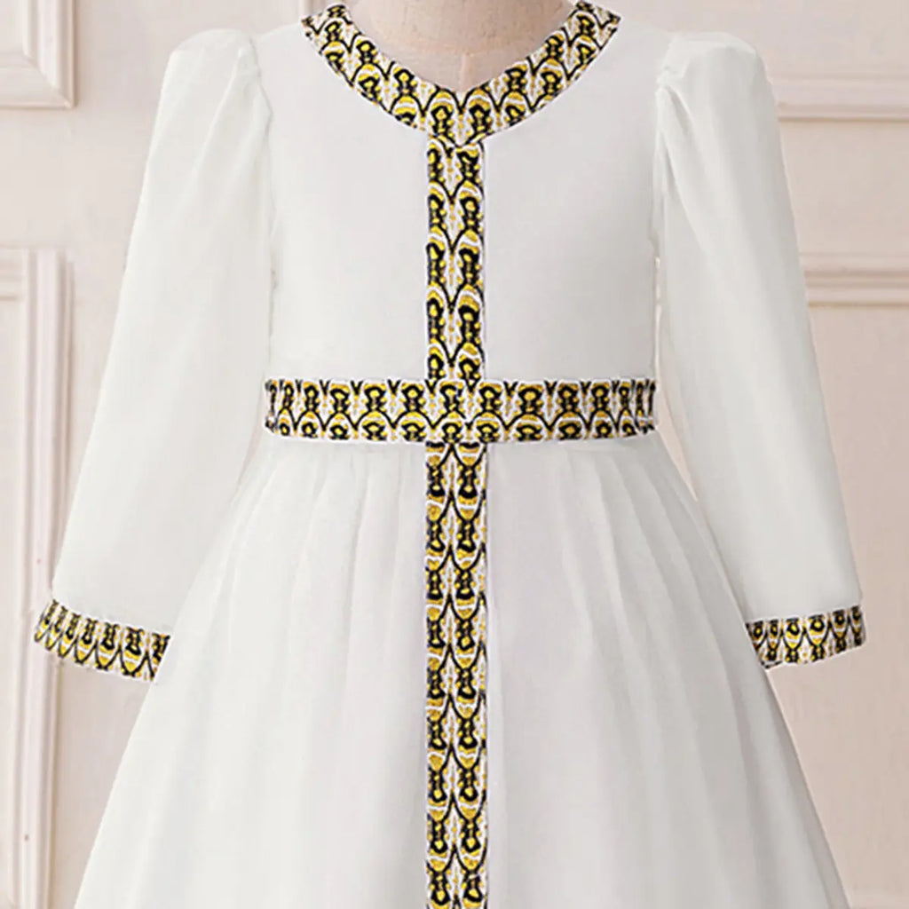 Girls White Long Sleeves Maxi Dress With Ethnic Motifs Trims Casual Dresses