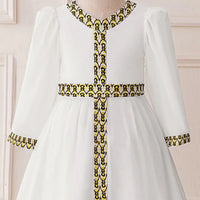 Girls White Long Sleeves Maxi Dress With Ethnic Motifs Trims Casual Dresses