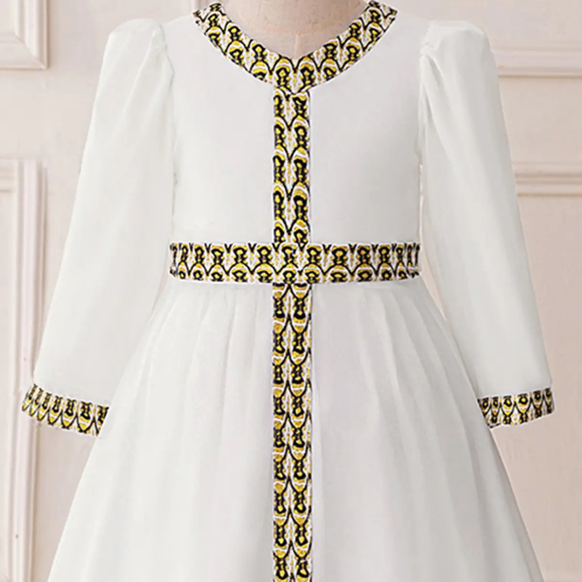 Girls White Long Sleeves Maxi Dress With Ethnic Motifs Trims Casual Dresses