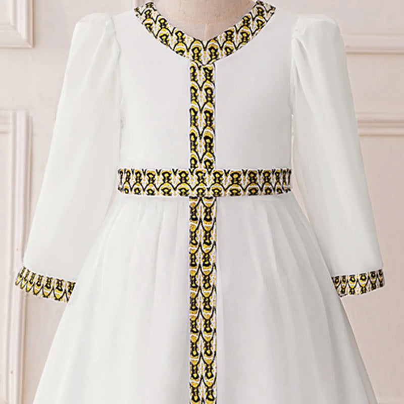 Girls White Long Sleeves Maxi Dress With Ethnic Motifs Trims Casual Dresses