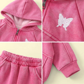Girls Pink Fleece Butterfly Applique Jacket & Pants Co-ord Sets Sets