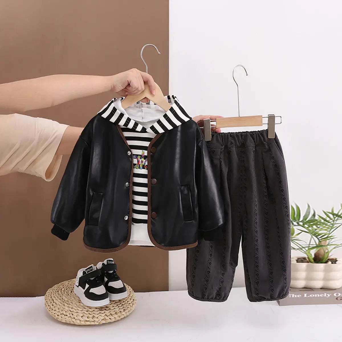Boys Black Solid Faux Lather Jacket With Hooded Sweatshirt & Pants Set Sets