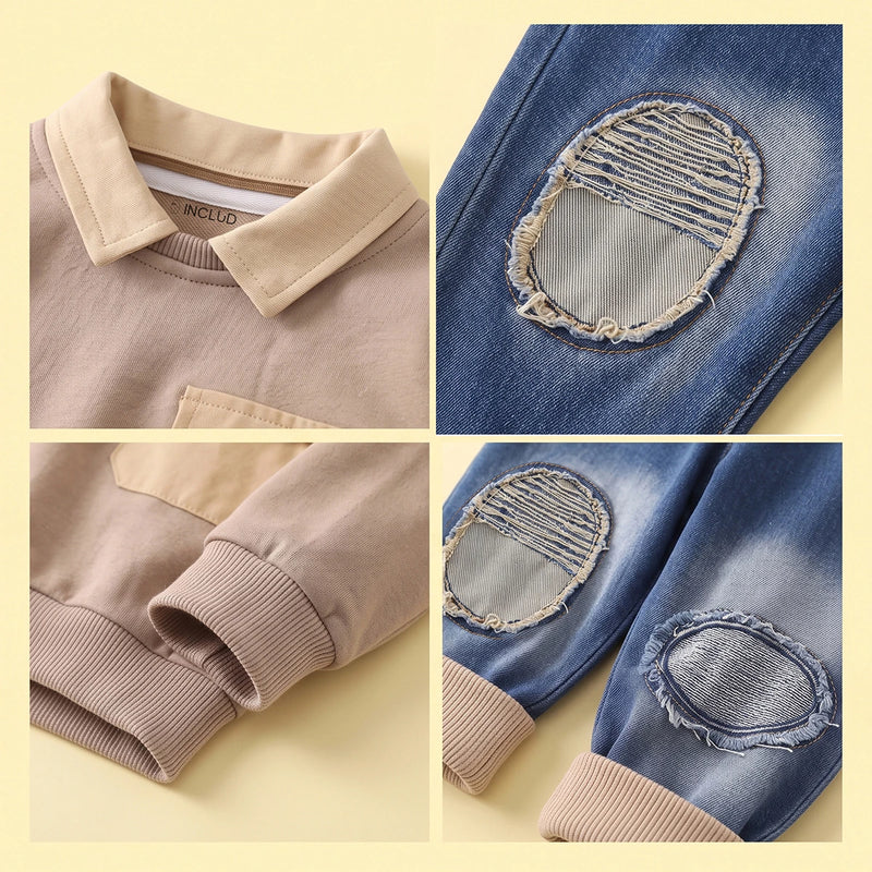 Boys Khaki Abstract Print Sweatshirt With Denim Pants Sets Sets