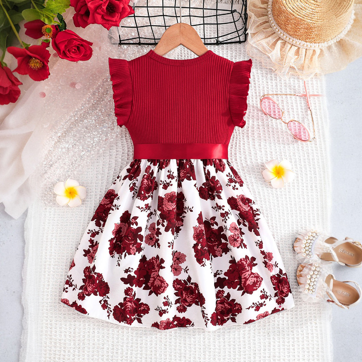 Girls Red Floral Print Flared Sleeve Fit & Flare Dress Casual Dresses