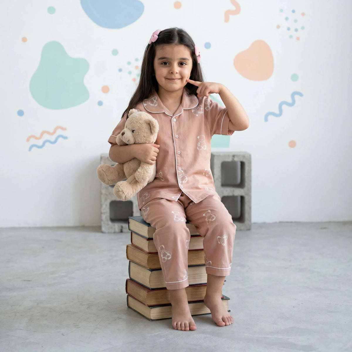 Girls Light Brown Teddy Bear Printed Short Sleeve Shirt With Elasticated Pyjama Sets Sets