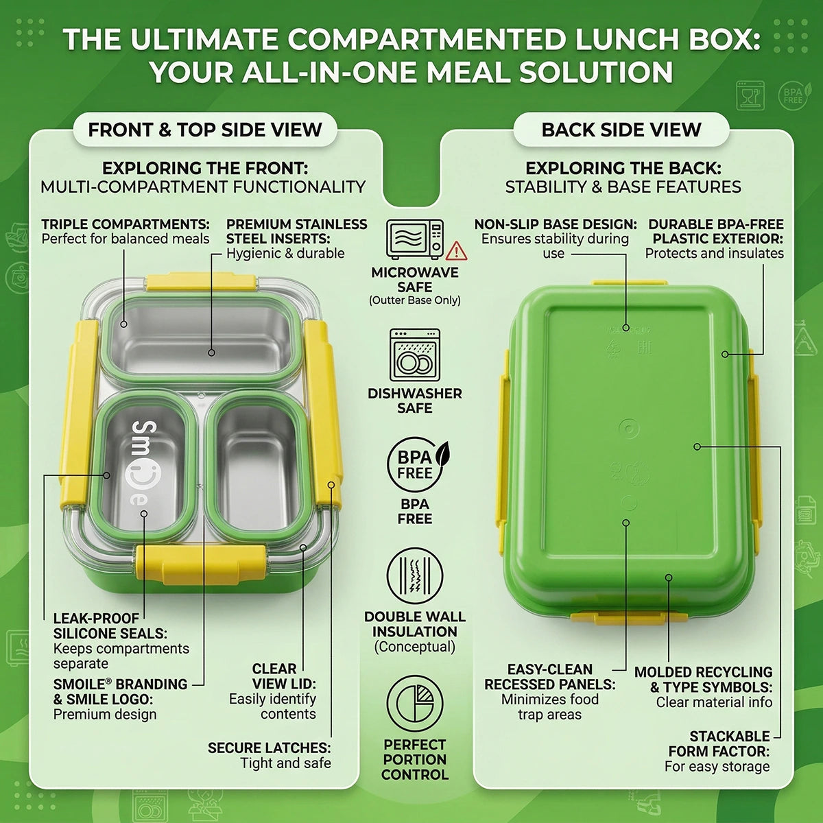 Kids Green Daily Fresh 3-Compartment Lunch Box Trending Accessories