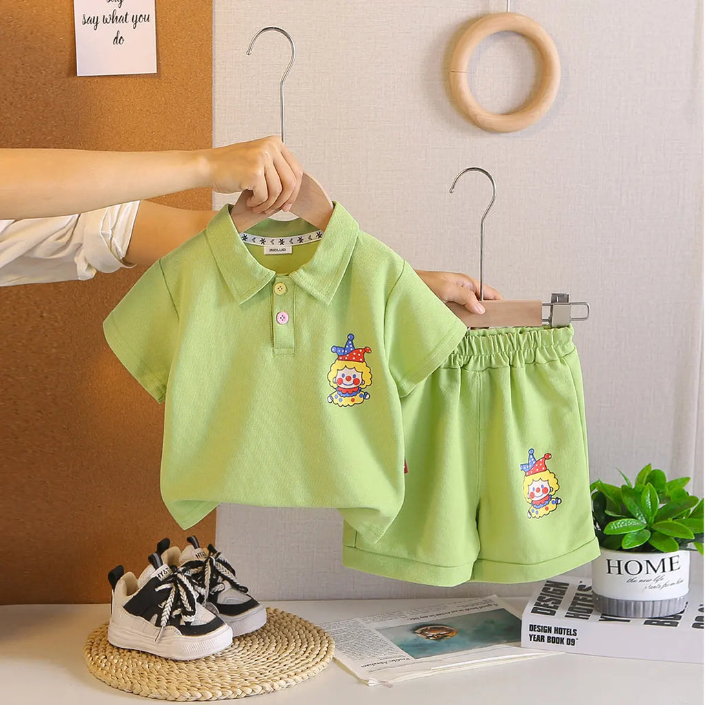 Boys Green Clown Printed Polo T-Shirt With Shorts Co-ord Sets Sets Green 1-2 Y