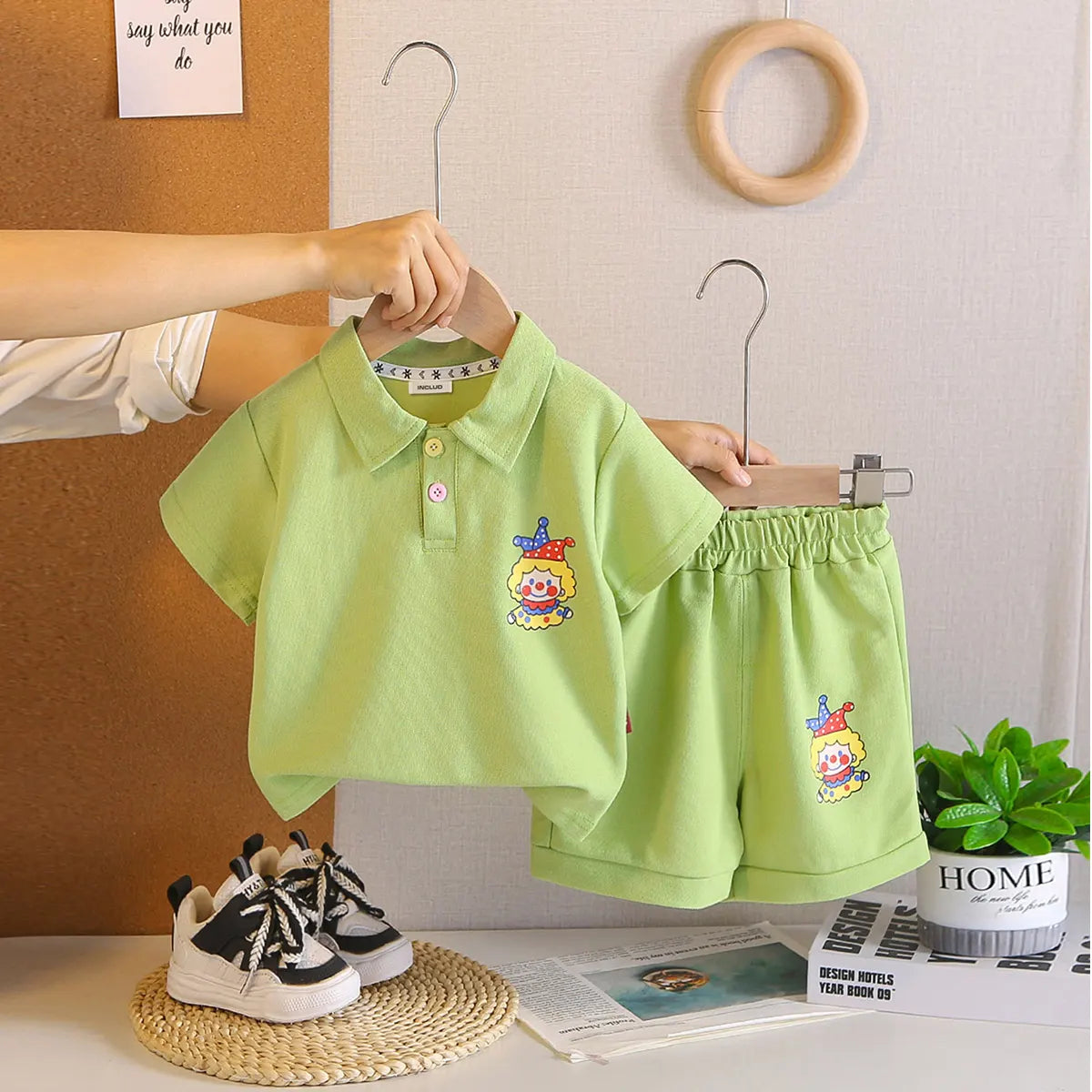 Boys Green Clown Printed Polo T-Shirt With Shorts Co-ord Sets Sets Green 1-2 Y