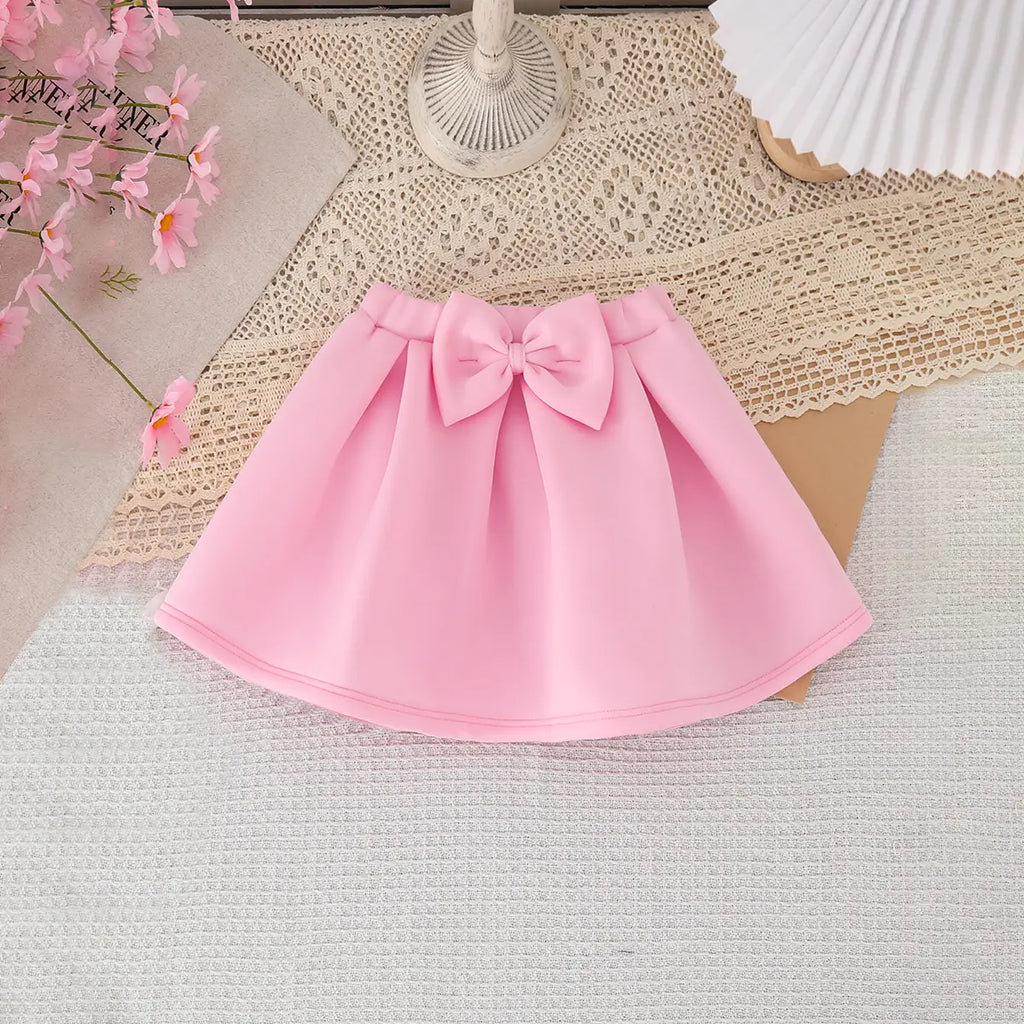 Girls 3D Flower Applique Top With Pink Bow Applique Skirt Sets Sets