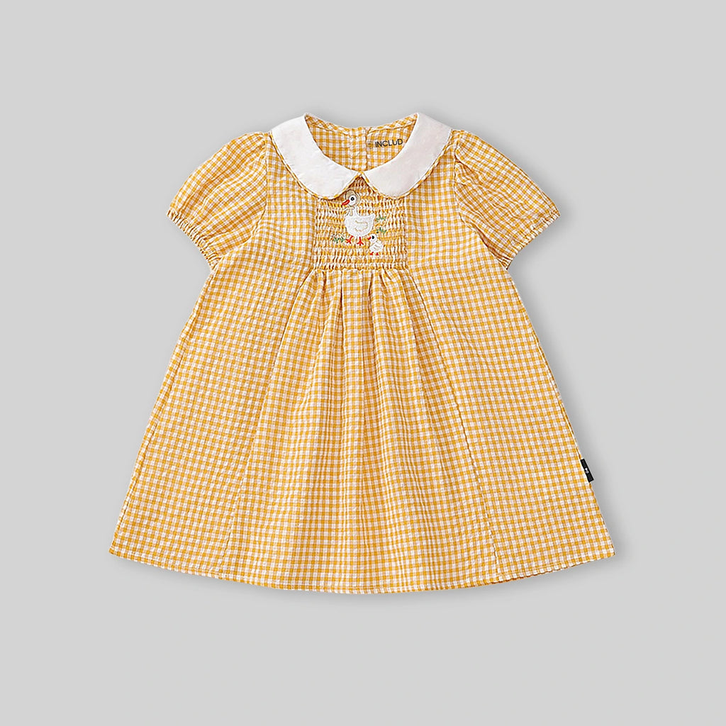 Girls Yellow Gingham Checked Smocked Dress with Duck Embroidery Casual Dresses