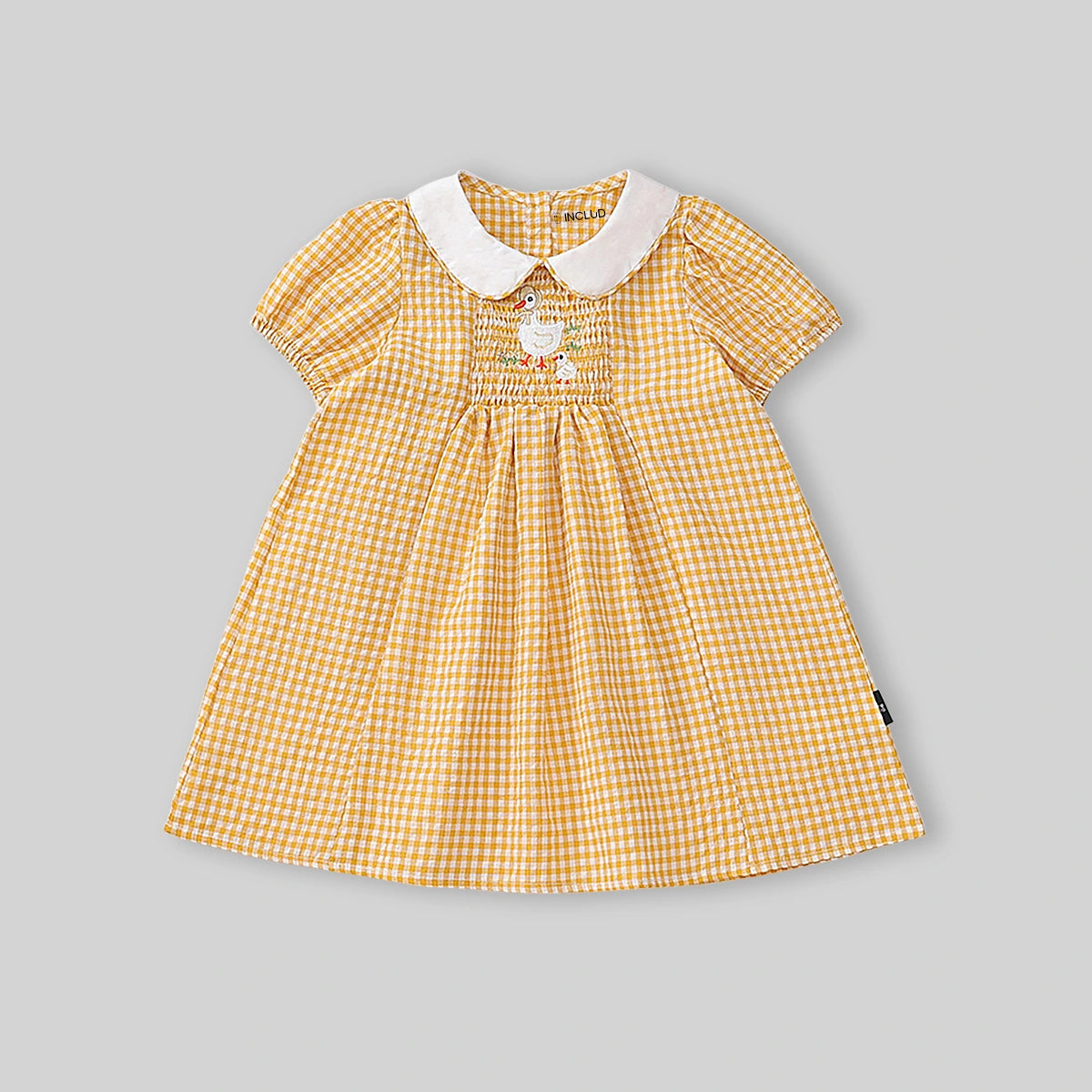 Girls Yellow Gingham Checked Smocked Dress with Duck Embroidery Casual Dresses