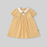 Girls Yellow Gingham Checked Smocked Dress with Duck Embroidery Casual Dresses