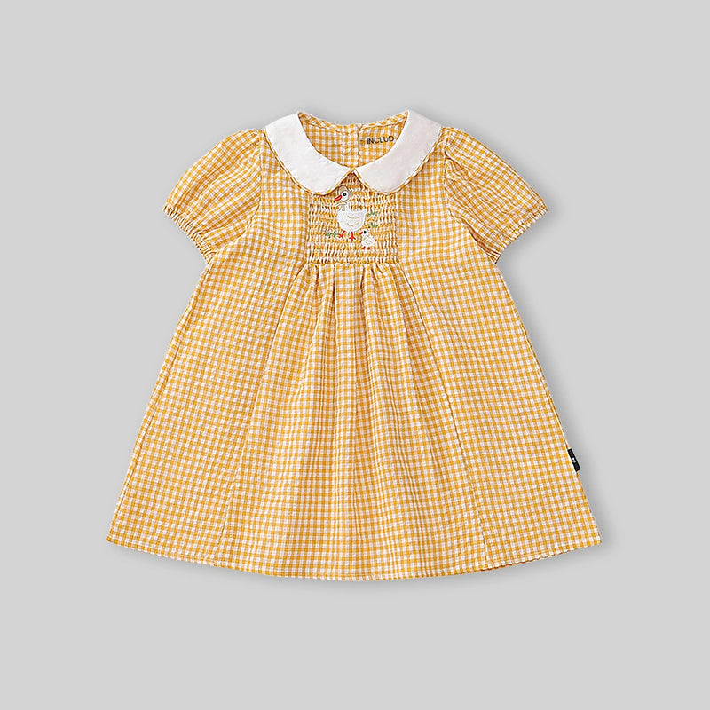 Girls Yellow Gingham Checked Smocked Dress with Duck Embroidery Casual Dresses