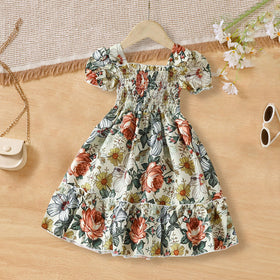 Girls Off-White Floral Print Smocked Casual Dress Casual Dresses