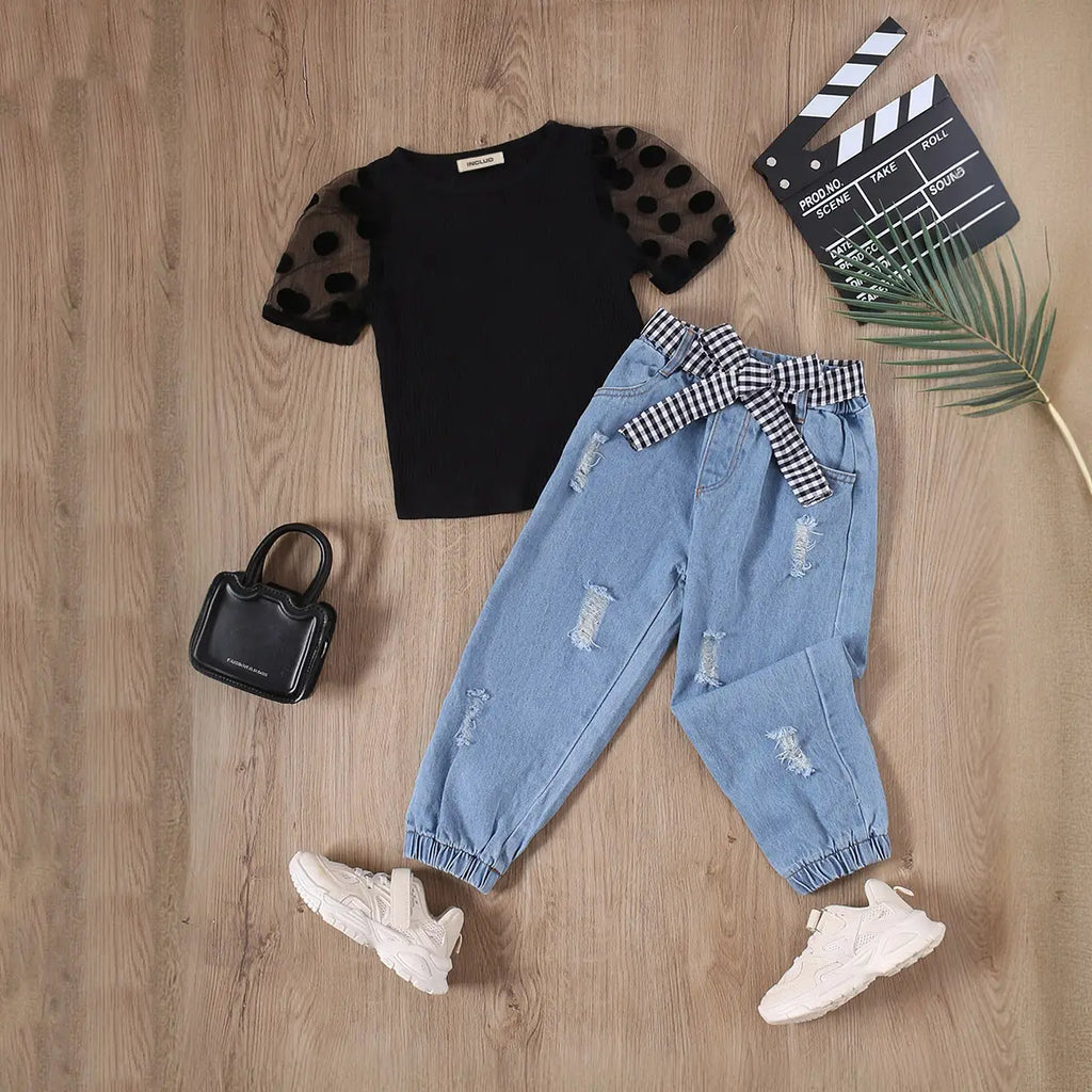 Girls Black Polka Dot Print Sheer Puff Sleeves Top With Distress Denim Sets Sets Black 1-2 Y