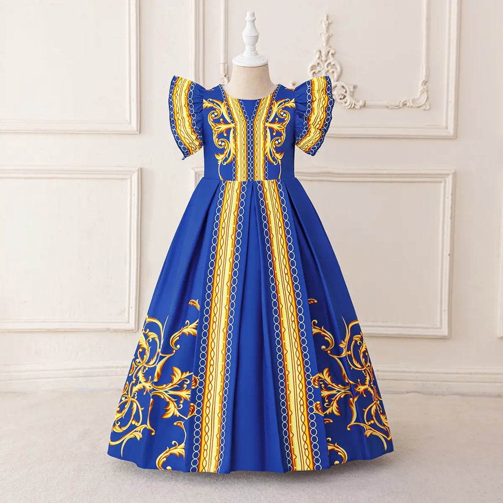 Girls Blue Printed Fit & Flare Dress With Flutter Sleeves Casual Dresses Blue 3-4 Y