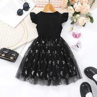 Girls Black Butterfly Printed flutter Short Sleeves Dress Casual Dresses