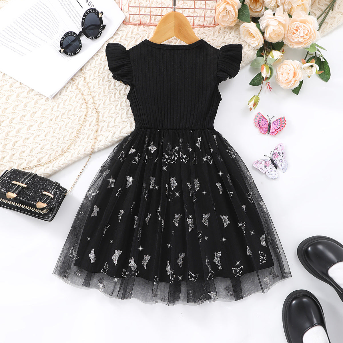 Girls Black Butterfly Printed flutter Short Sleeves Dress Casual Dresses