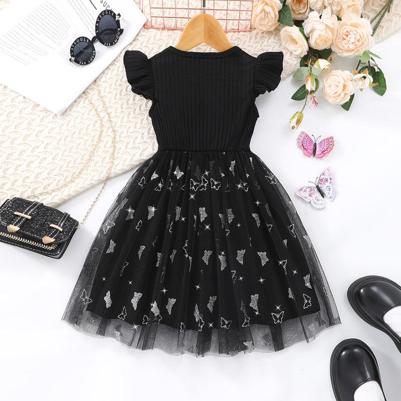 Girls Black Butterfly Printed flutter Short Sleeves Dress Casual Dresses