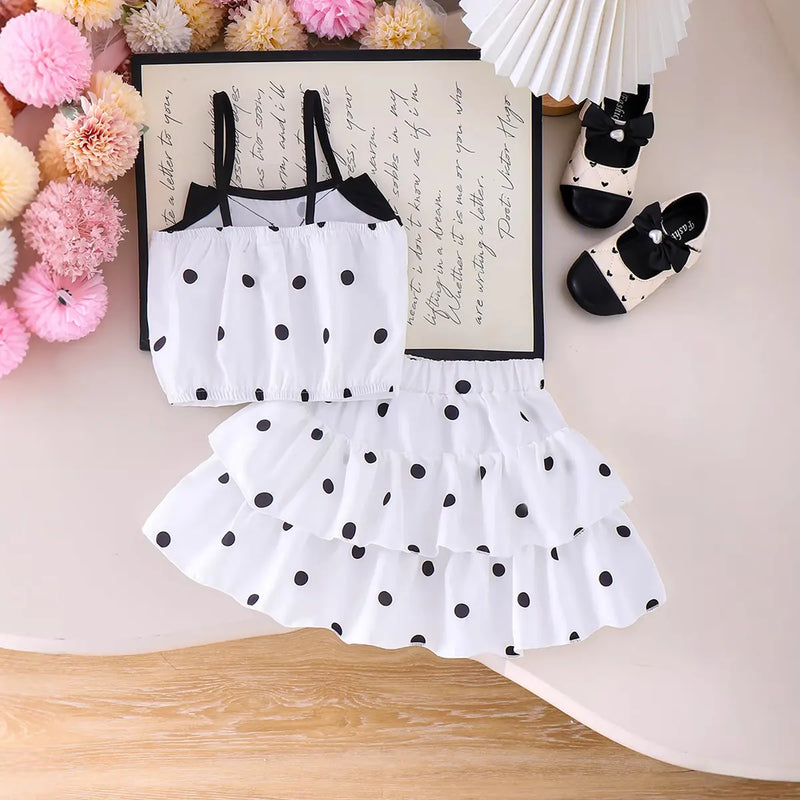 Girls White Polka Dot Print Sleeveless Top With Skirt Sets 2 pc. Sets